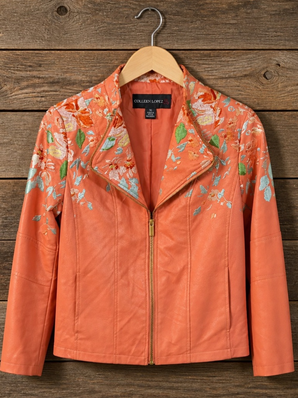 Colleen Lopez Orange Floral Embroidered Jean Jacket